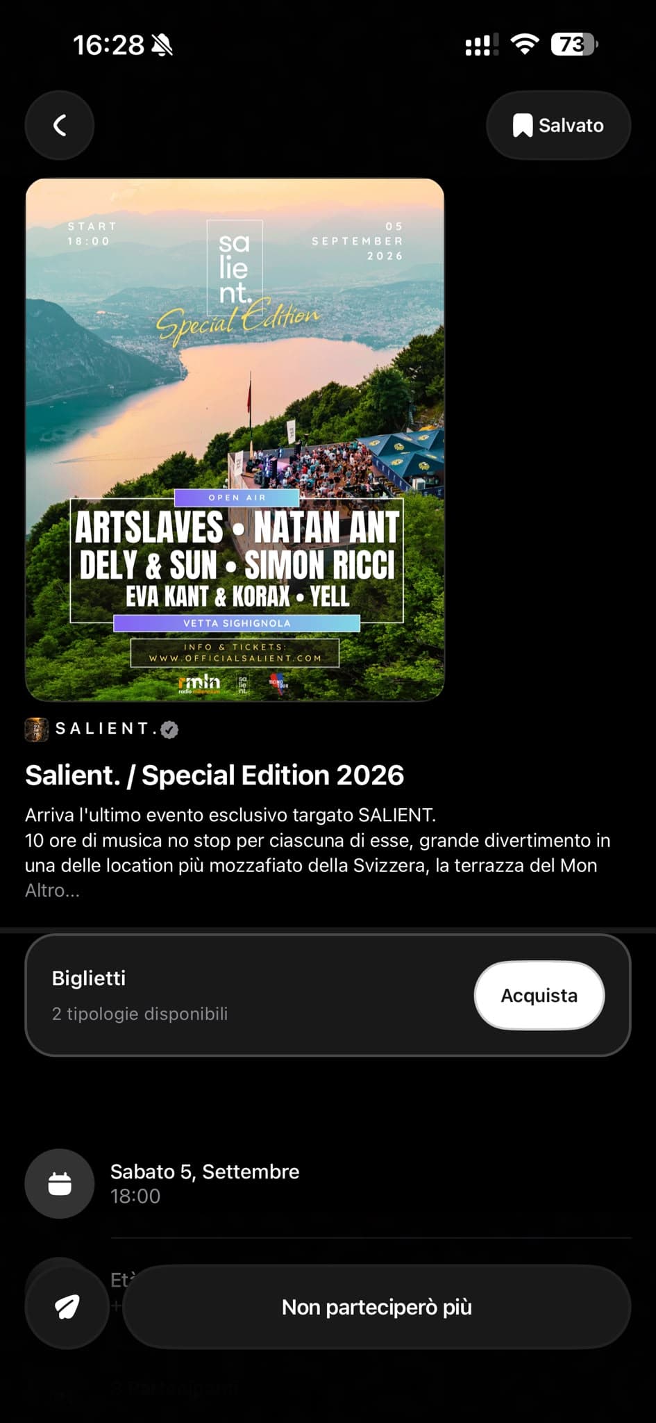 Dettaglio di un evento nell’app Outzone, con copertina, data e biglietti